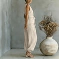 thumbnail image 7 of Women's Summer 2 Piece Outfits Sleeveless V Neck Belted Crop Tops Wide Leg Pant Sets Casual Tracksuit Beige, 7 of 7