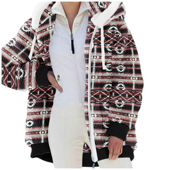 Fluffy Fleece Winter Coats For Womens Zip Up Sherpa Jacket Color Block Hooded Sweatshirt Long Sleeve Outerwear Coat