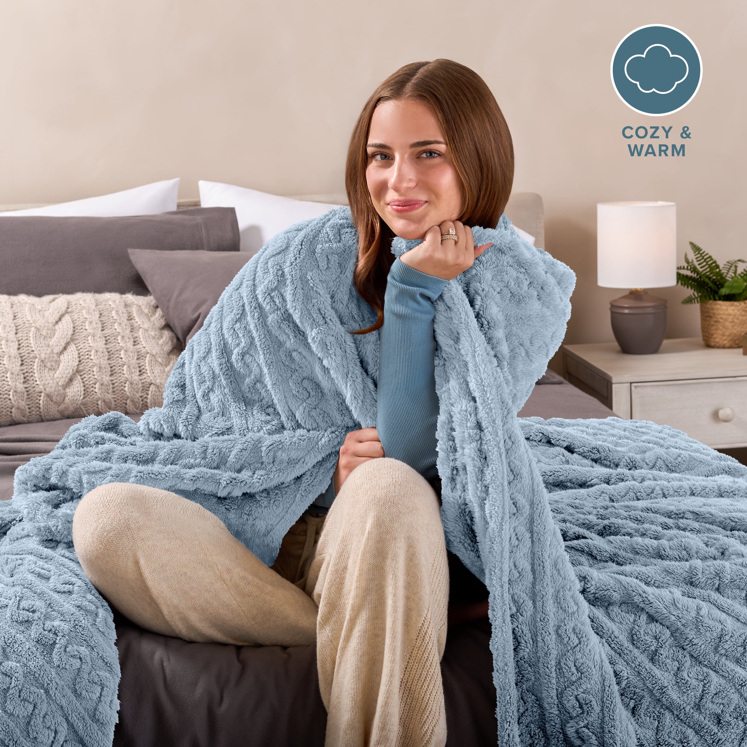 Bare Home Faux Shearling Blanket - Fluffy & Soft - Lightweight - Full/Queen, Dusty Blue - Cable