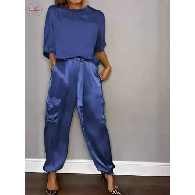 Fashionable women's solid color smooth satin five quarter sleeved top