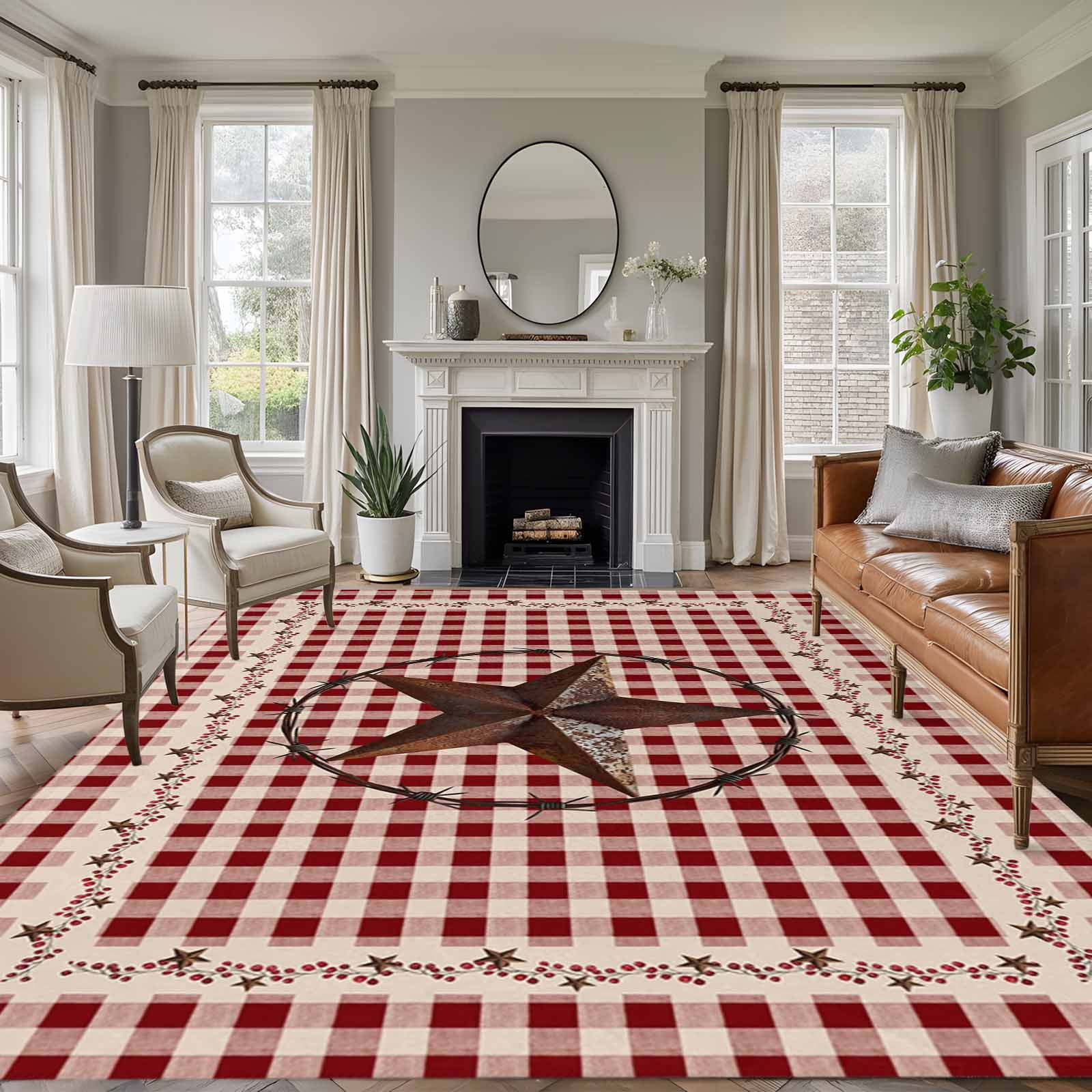 Non-Slip Rug Pad Rugs Western Country Stars Rectangle Area Rugs 8x10Ft Soft Carpet Pads for Living Room Kids Room Vintage Red Buffalo Plaid
