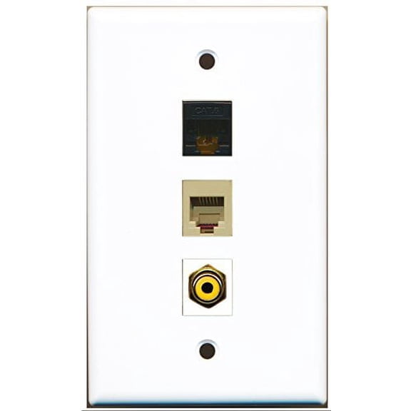 RiteAV - 1 Port RCA Yellow and 1 Port Phone RJ11 RJ12 Beige and 1 Port Cat6 Ethernet Black Wall Plate