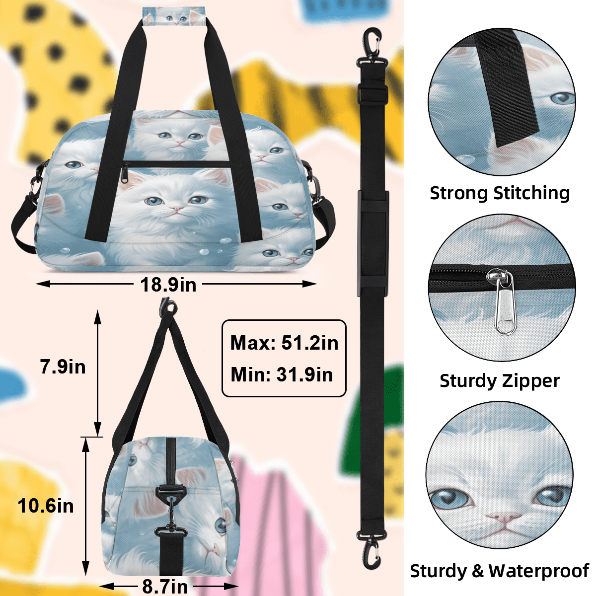 Herdesigns Cat Sports Duffle Bag for Women & Men, Cute Cat Gym Bag Dance Bag Overnight Bag Carry On Weekender Travel Bag