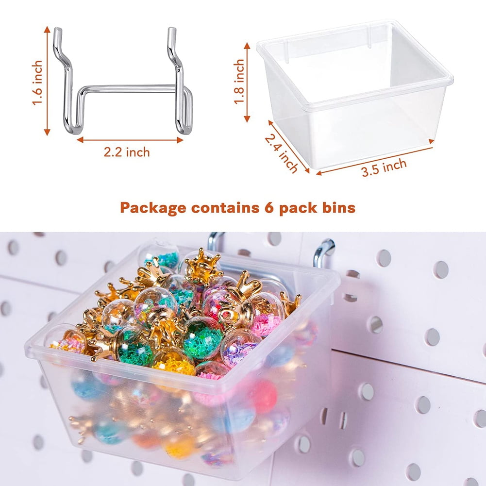 6 Pack Pegboard Clear Bins, Pegboard Bins Hooks, DIY Pegboard Accessories, Workbench Small Bins Fit 1/4 -1/8 Peg Board