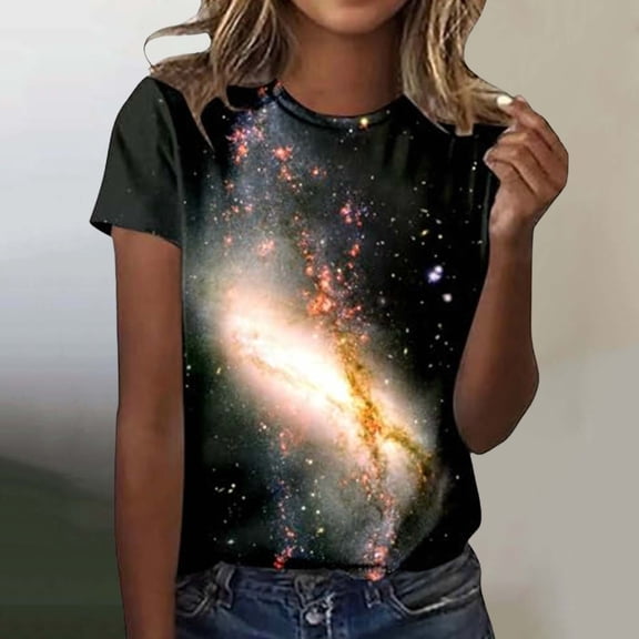 Womens Tops 2025 Women's Starry Galaxy 3D Print Glitter T-shirt Round Neck Short Sleeve Carnival Outfit Black