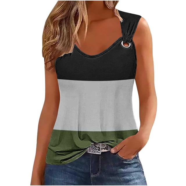 Mrat Débardeurs de Course pour Femmes Débardeurs pour Femmes Tendance Tunique à Col Rond Hauts Décontractés Sans Manches T-Shirts Graphiques à Rayures Camisoles Amples Blouses S-191 Vert TTG