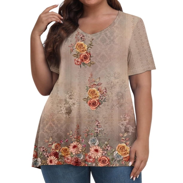 Fiudx Ofertas Relámpago Camiseta Informal de Manga Corta con Cuello En V para Mujer, Blusa Lisa, Talla Grande, a La Moda