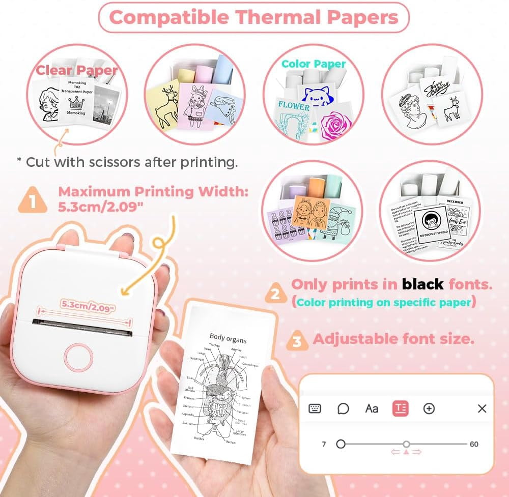Mini Thermal Printer - T02 Mini Printer Sticker Maker Thermarote Mini Printer Bluetooth Wireless Phone Printer Small Portable Instant Pocket Printer for Anatomy Study, Photo, Children, Pink