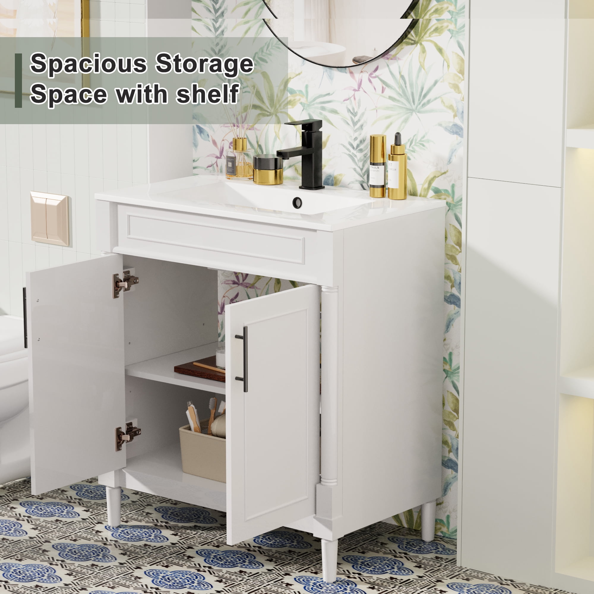 30" Freestanding Bathroom Vanity with Ceramic Sink Top, Faucet, Classic Tapered legs