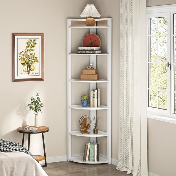 Fimind 6 Tier Corner Shelf, 70.9“ Tall Industrial Corner Bookshelf Storage Rack for Living Room, Home Office, White