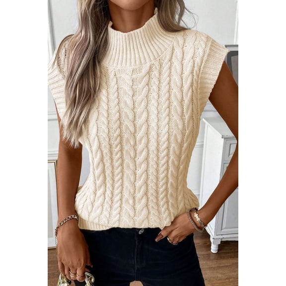 Oatmeal Cable Knit High Neck Sweater Vest