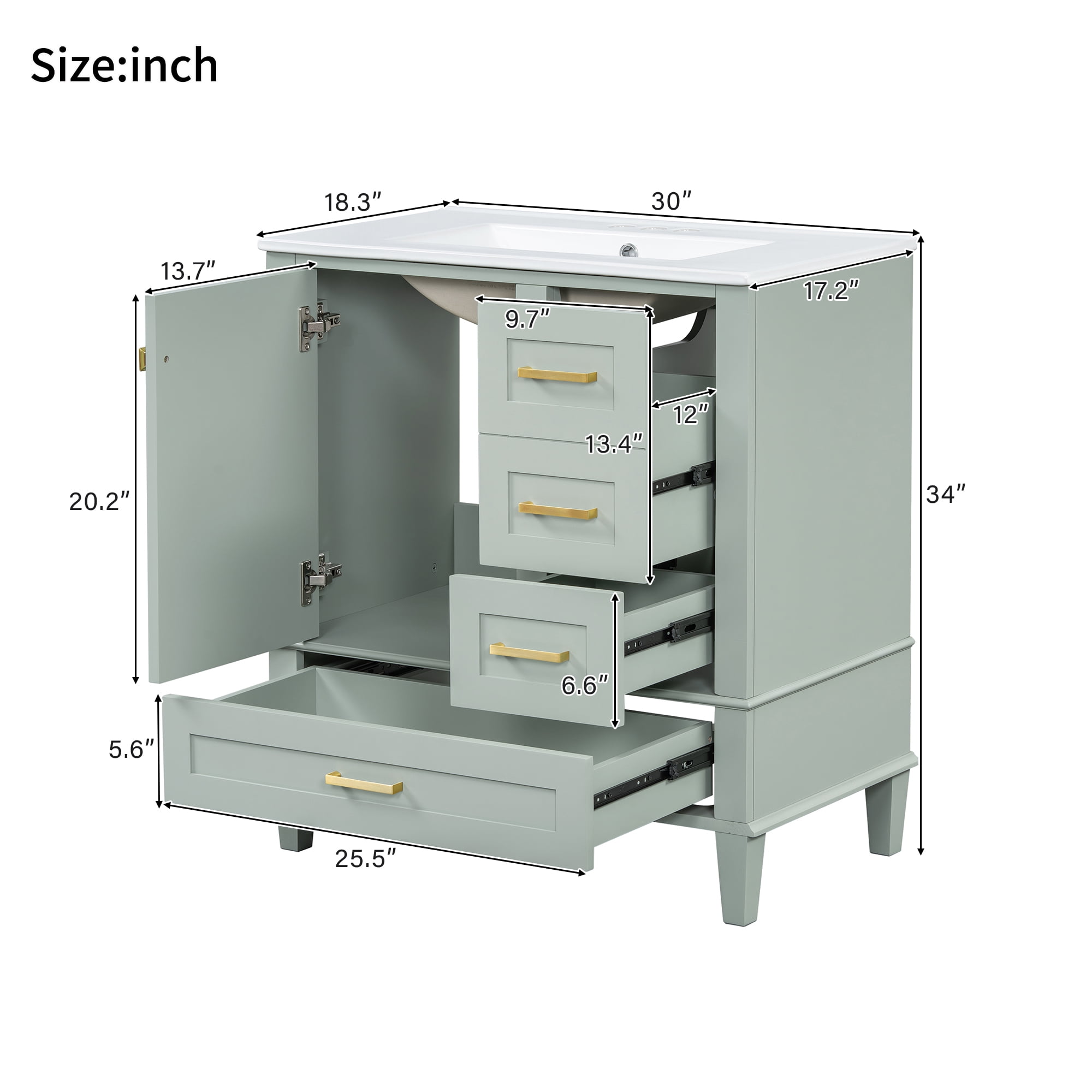 Euroco 30" Bathroom Vanity with Ceramic Sink, Soft-Close Doors & Drawers, Modern Design with Ample Storage