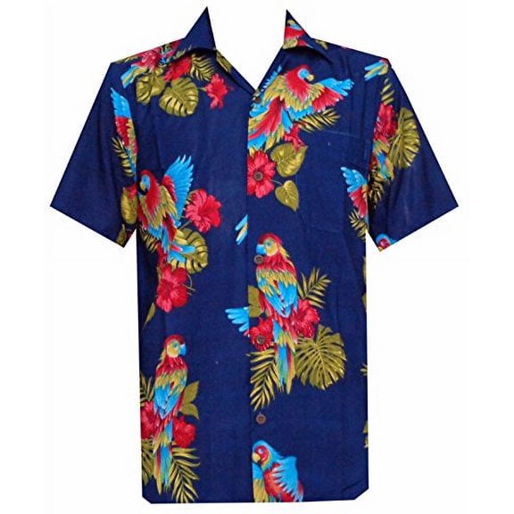 Hawaiian Shirt 39 Mens Parrot Print Beach Aloha Party Navy Blue S