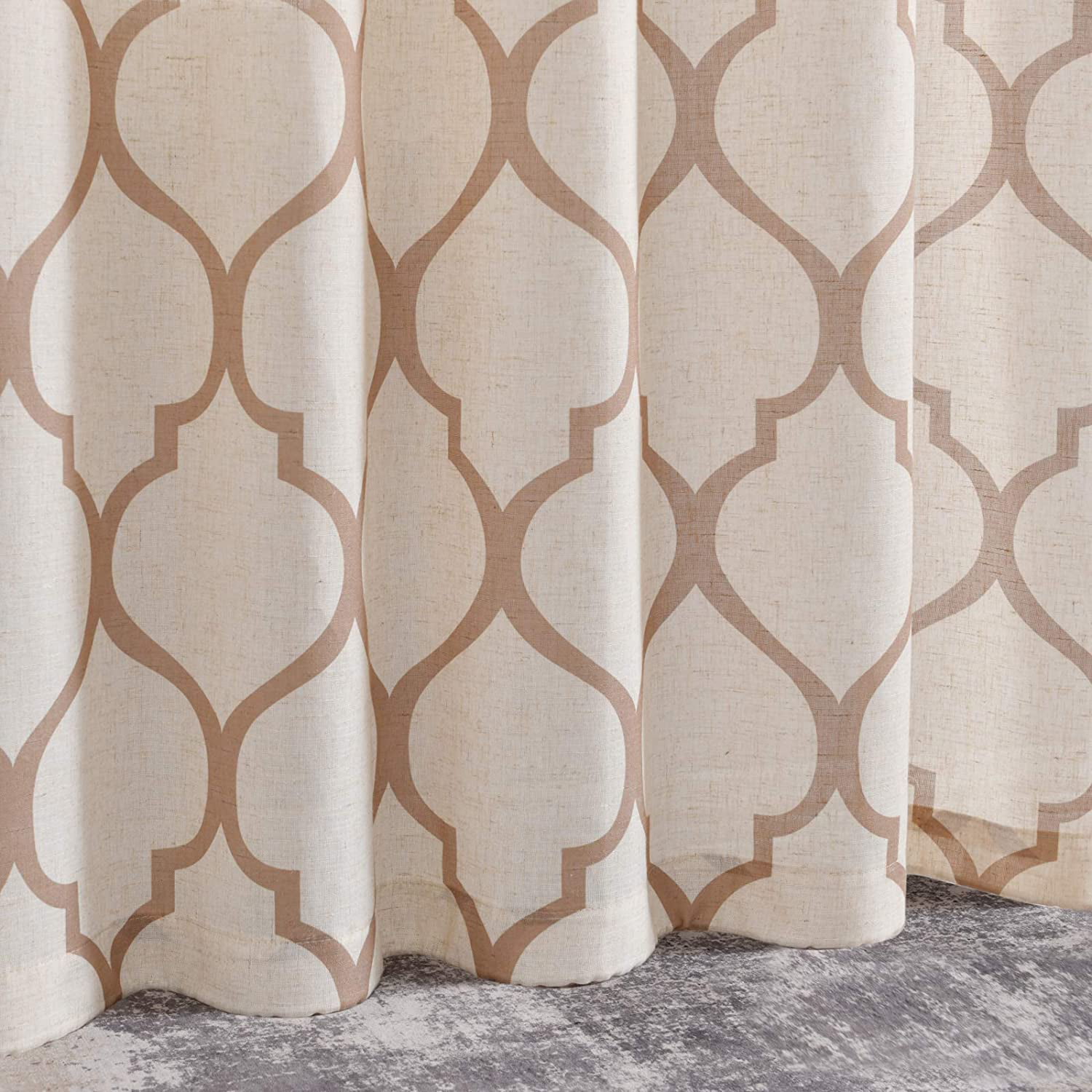 Moroccan Print Curtains Quatrefoil Flax Linen Textured Rod Pocket 2 Panels 