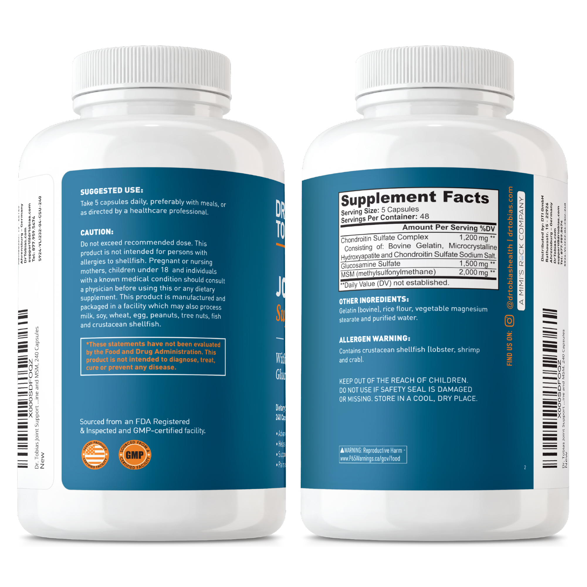 Dr. Tobias Joint Support Supplement with Glucosamine Chondroitin MSM, Supports Connective Tissue, Function & Flexibility, Extra Strength Joint Supplements for Men & Women, 240 Capsules