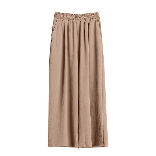 High Waist Elastic Waist Trousers for Women, Plus Size Loose Fit Solid Color Casual Pants with Pockets, Breathable Polyester, Spring Summer Winter Wear