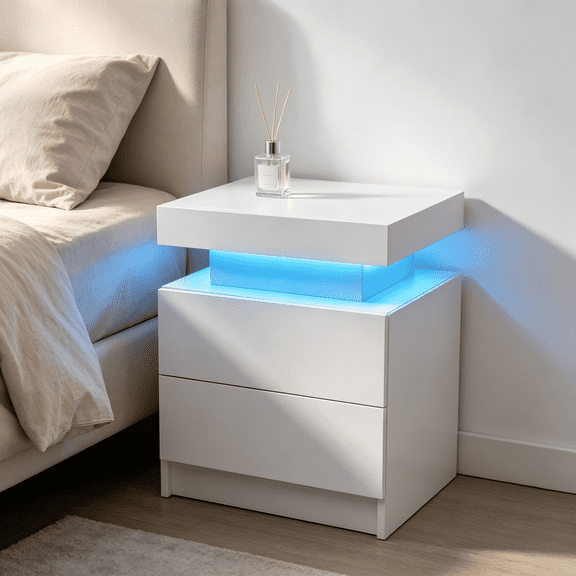 SAYGOGO 2 Drawer White Nightstand, Modern Adjustable LED Bedside Table with Open Shelf for Bedroom