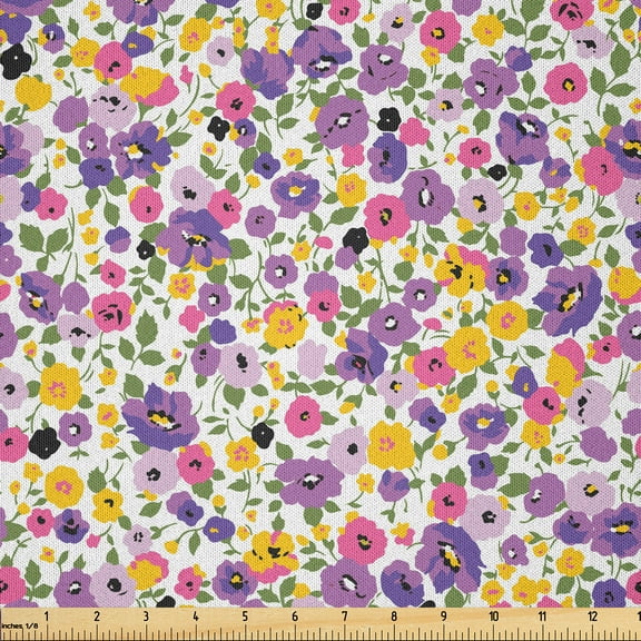 Ambesonne Floral Fabric by the Yard Microfiber, Blossoming Spring Florals, 3 Yards, Violet Earth Yellow