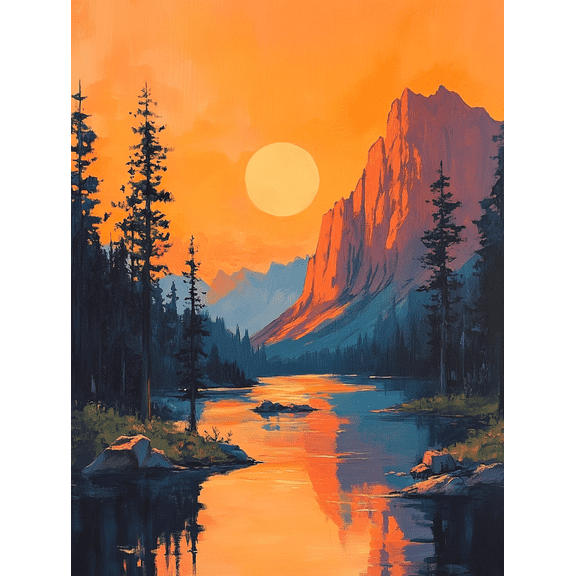 Sunset Mountain Lake Canvas Painting， Perfect for Living Room，Dining Room， and Bathroom Decor