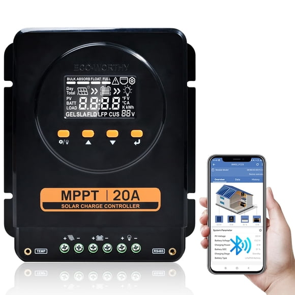 Controlador de Carga Solar MPPT ECO-WORTHY 12V/24V 20A, Bluetooth y Monitoreo por APP, Pantalla LCD, Regulador para Panel Solar para Baterías Gel, SLA, FLD, LFP en Sistema Solar y RV