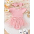 thumbnail image 3 of FEORJGP Toddler Baby Girl Daily Summer Outfits Newborn 3M 6M 9M 12M 18M Short Sleeve Jumpsuit Crew Neck Ribbed Romper Tulle Patchwork Dress with Headband 2Pcs Set Infant Casual Cute Princess Dress, 3 of 9