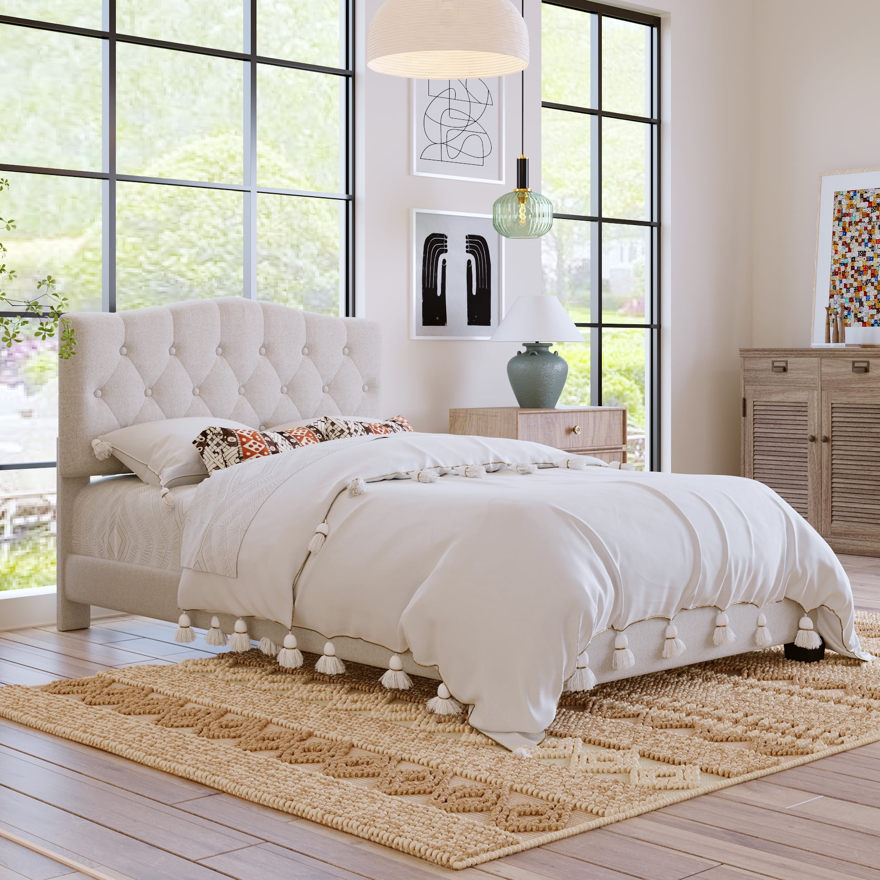 LegaHome Full Bed Frame, Full Size Upholstered Platform Bed with Headboard, Solid Wood Frame, Modern Full Platform Bed Frame Bedroom Furniture, Holds 770lbs, No Box Spring Needed, Beige