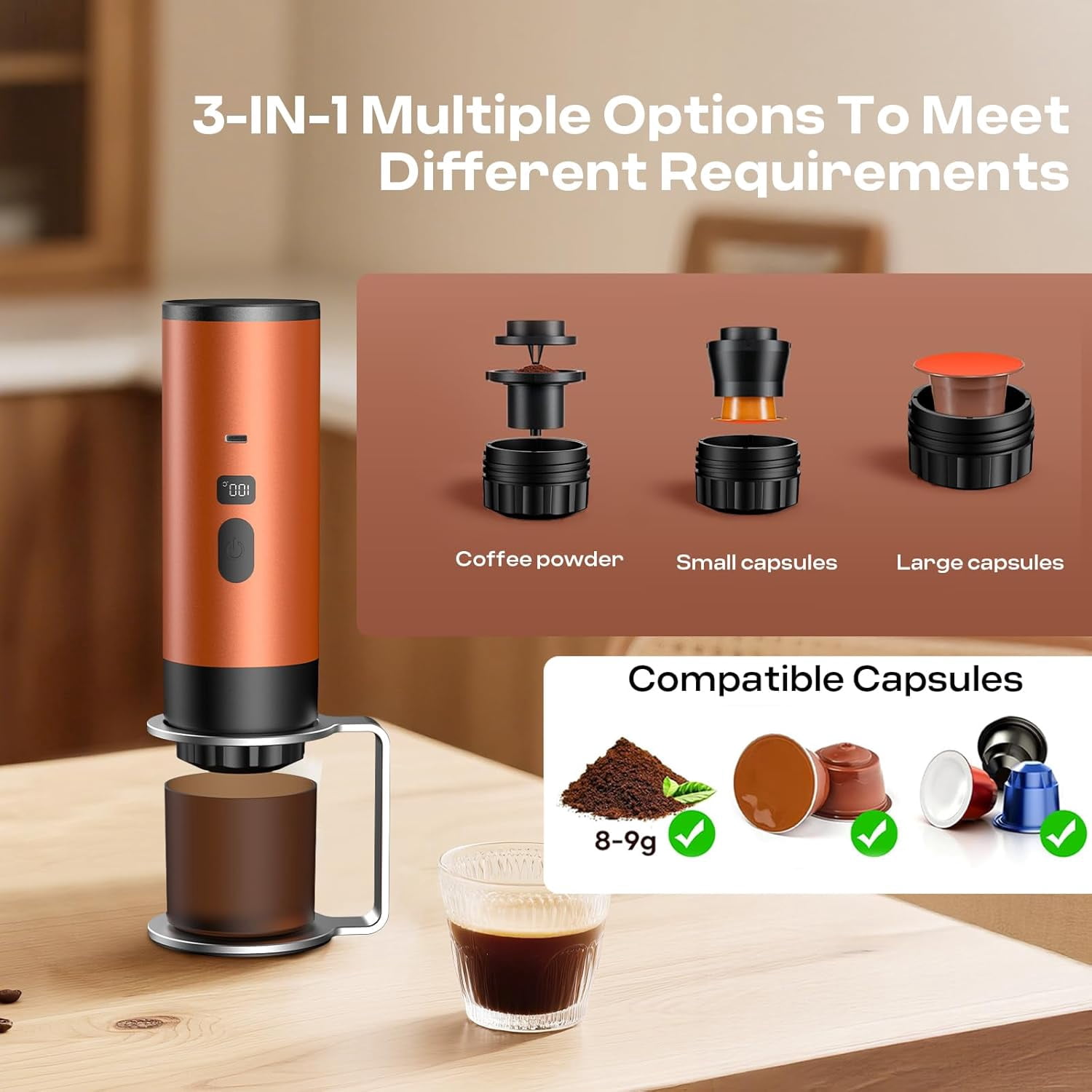 3 in 1 Portable Electric Espresso Machine, Mini Espresso Machine On the Go, Travel Coffee Maker, Self-Heating Ground Coffee K Cup, for Camping, Car, RV & Hiking