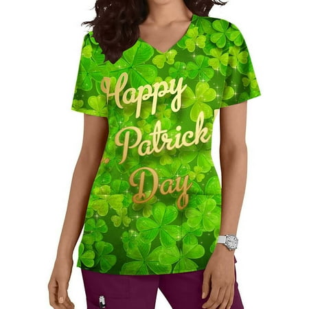 

Women s Medical Scrub Top St. Patrick s Day Lucky Shamrock Graphic Tee Shirts Summer Casual V Neck Basic T Shirt