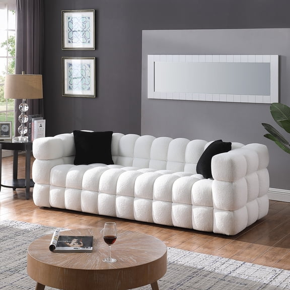 Holaki 3 Seater Sofa, 84.3" Modern Large Marshmallow Sofa with Boucle Arm, White