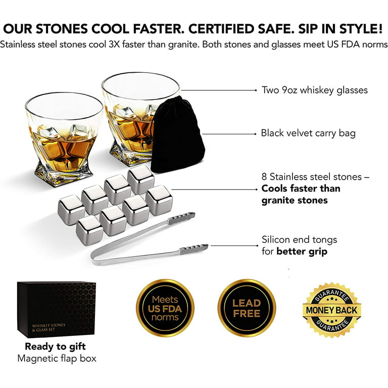 Luxurious Whiskey Stones & Glasses Gift Set - 2 XL Chilling Stainless Steel  Whiskey Balls - 2x Crystal Whiskey Glasses, 2x Slate Stone Coasters