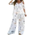 thumbnail image 2 of Ichuanyi Liquidación de la mujer Impresión de encaje de encaje Vanla en V blusa de manga corta +cintura elástica traje de pantalones largos ICHUANYI WER202308212486, 2 of 8