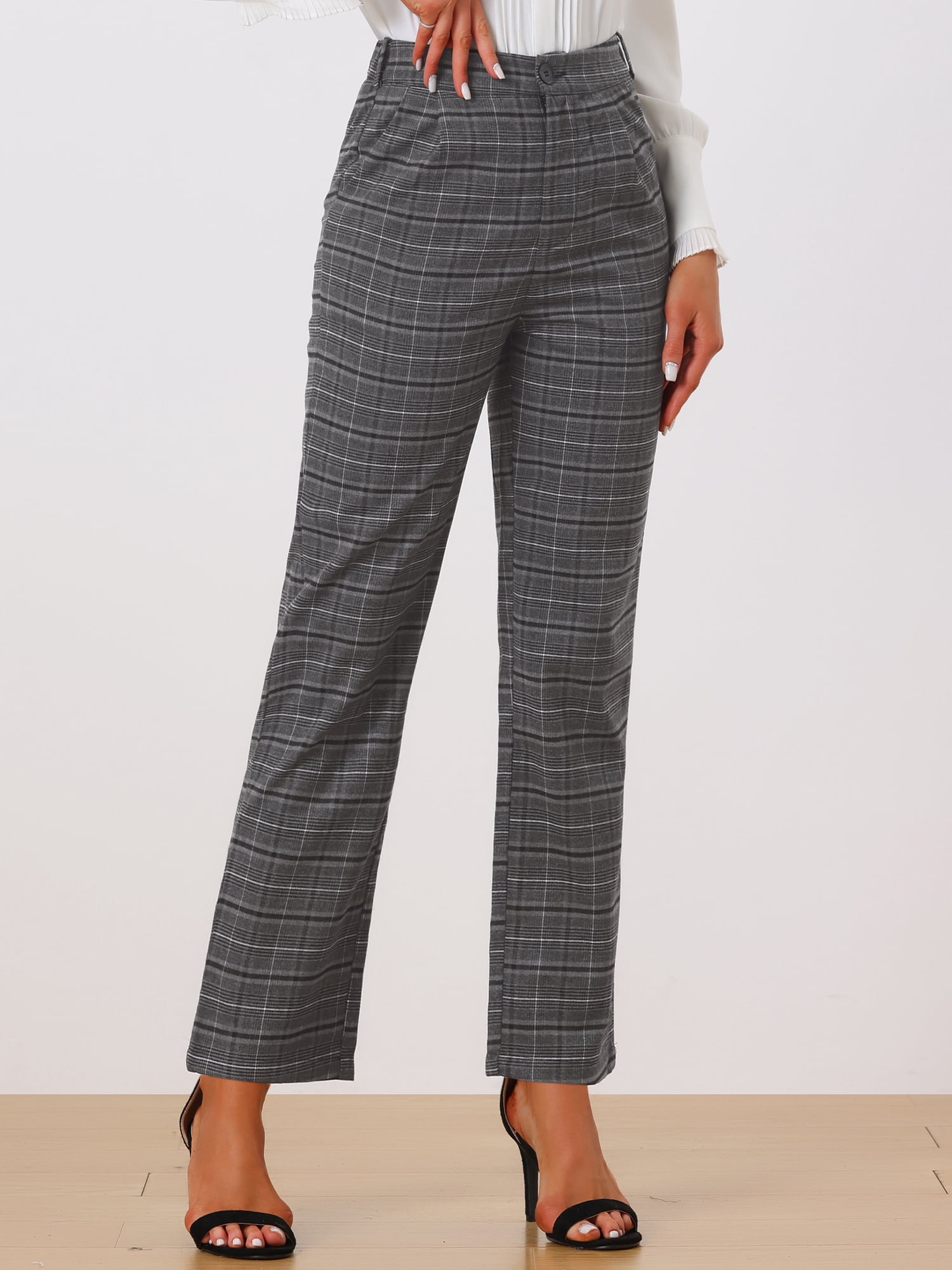 DARING DIVA Women's Plaid Trousers Pockets Straight Leg Casual Pant M Dark Grey Black