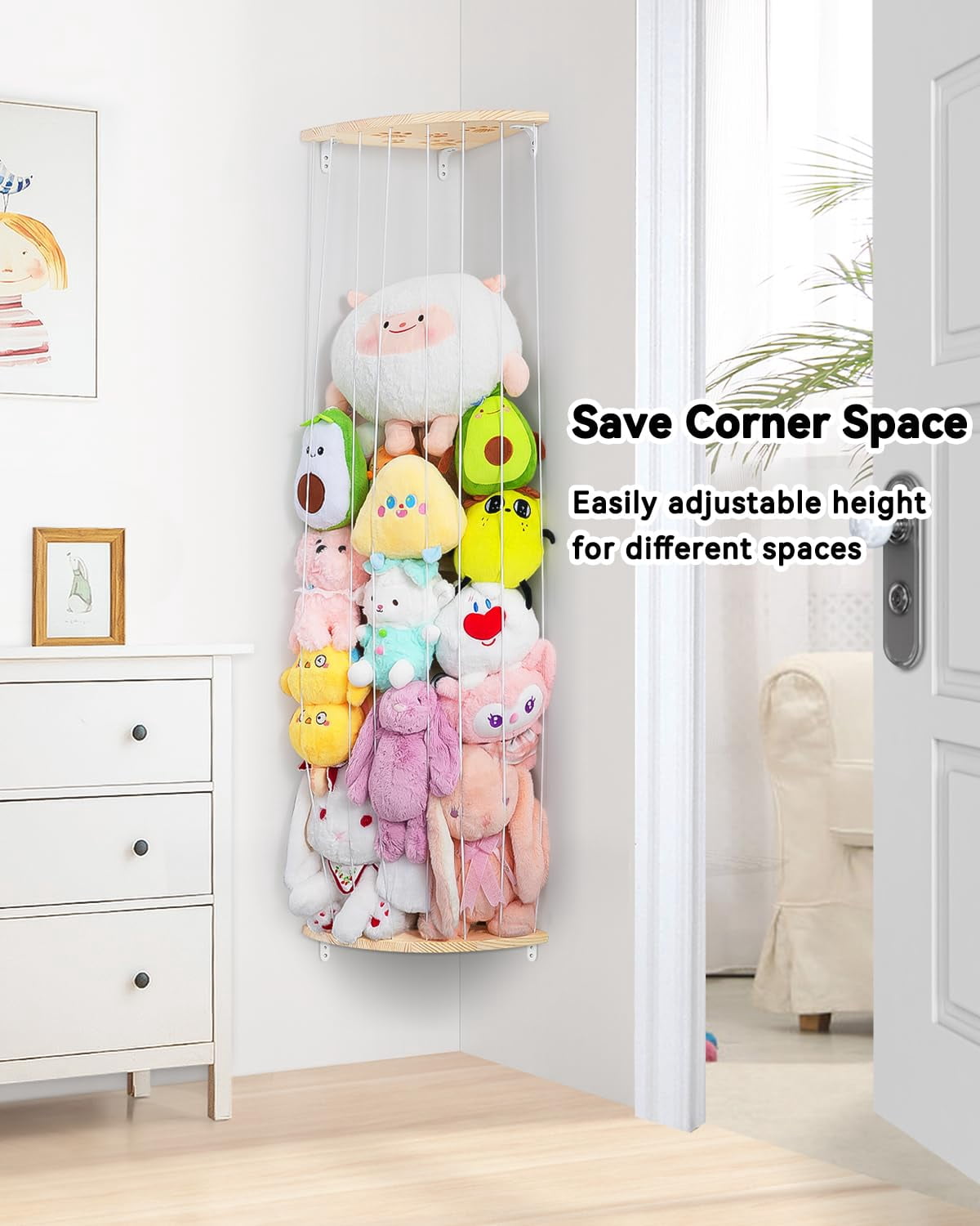 Corner Stuffed Animal Storage Net - Heigh Adjustable Wood Stuffed Animal Organizer - Large Wall Plush Holder Teddy Bear Storage for Bedroom Kids Room Nursery Decor