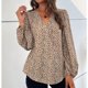 thumbnail image 3 of Mujeres blusa V Masajeadores de cuello linterna manga larga suelta dobladillo estampado leopardo elástico cuff túnica camisa caqui M, 3 of 6
