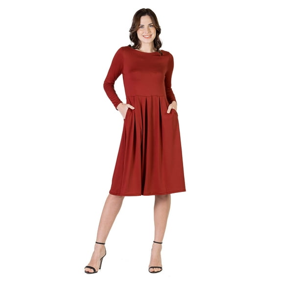 24seven Comfort Apparel Womens Midi Length Fit N Flare Pocket Dress-R0066161-RUST-S