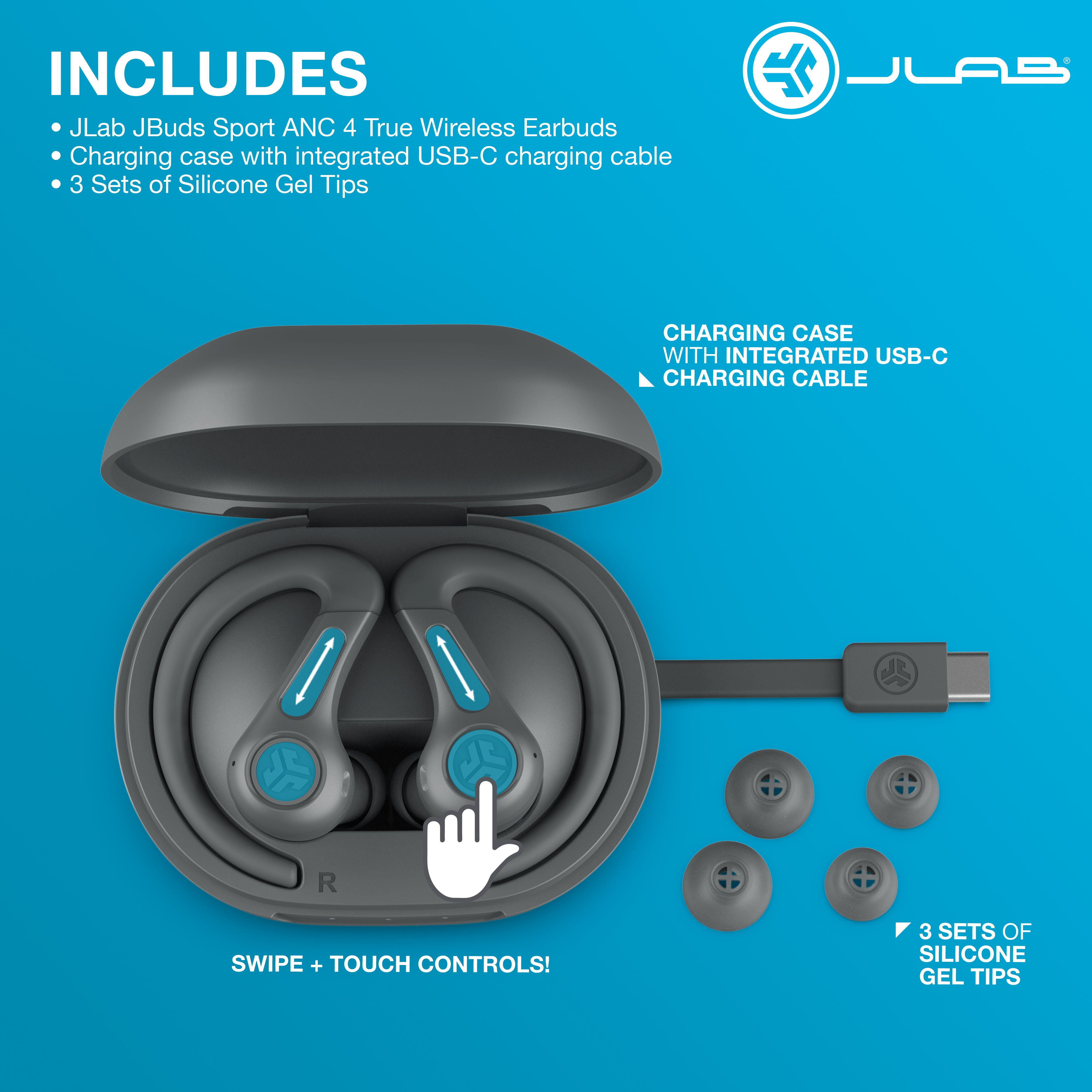 JLab JBuds Air Sport ANC 4 True Bluetooth Earbuds with Charging Case Graphite Swipe and Touch Controls Hybrid Active Noise Cancelation Multipoint Connect Customize Setting App Walmart