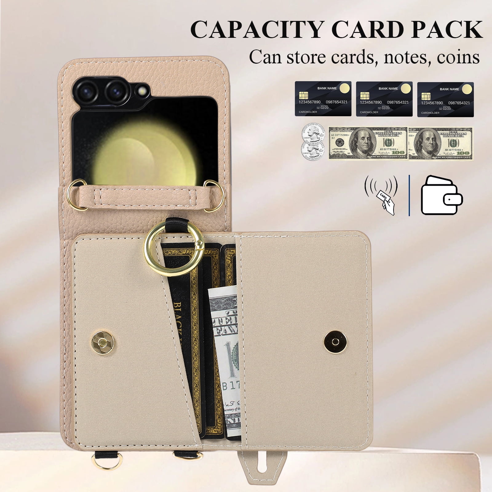 Dteck for Samsung Galaxy Z Flip 6 Wallet Case with Card Holder, Crossbody Wallet Case for Galaxy Z Flip6 5G with Hand Strap and Hinge Protection, Carrying Handbag Phone Case for Women Girls,Beige