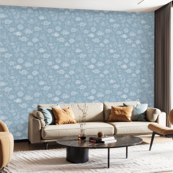 Peel and Stick Wallpaper Contact Paper Light Blue Coastal Blue Under Sea Fish Coral Seaweed Marine life Self Adhesive and Removable 24in x 118in