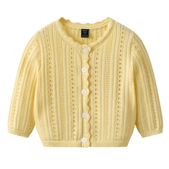 JOANKDMI Little Girls Pointelle Cardigan Sweaters Scalloped Trim Long Sleeve Button Up Knit Outerwear Coat Lightweight Casual Fall Spring Tops for Dress Wedding School Uniform