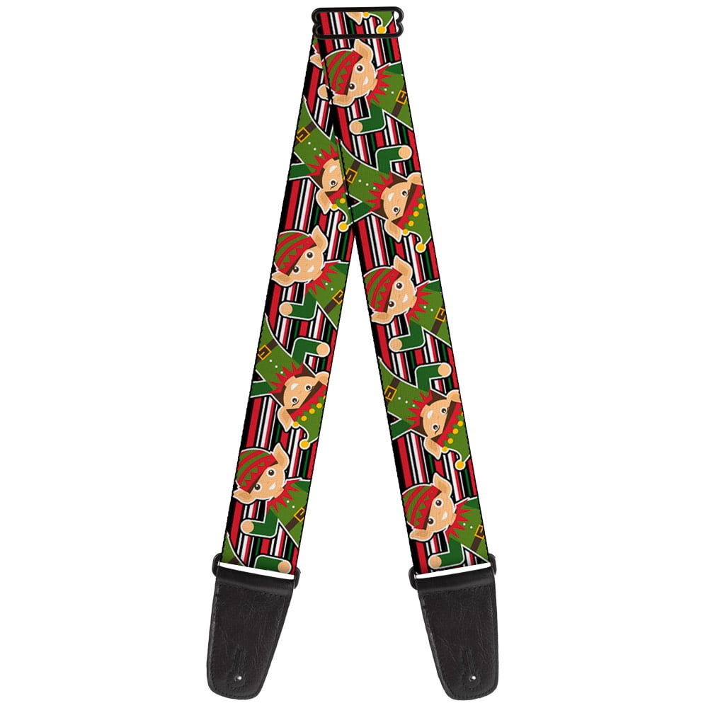 Buckle-Down Guitar Strap, Christmas Elves Stripes Black Red White Green, 2 Inches Wide
