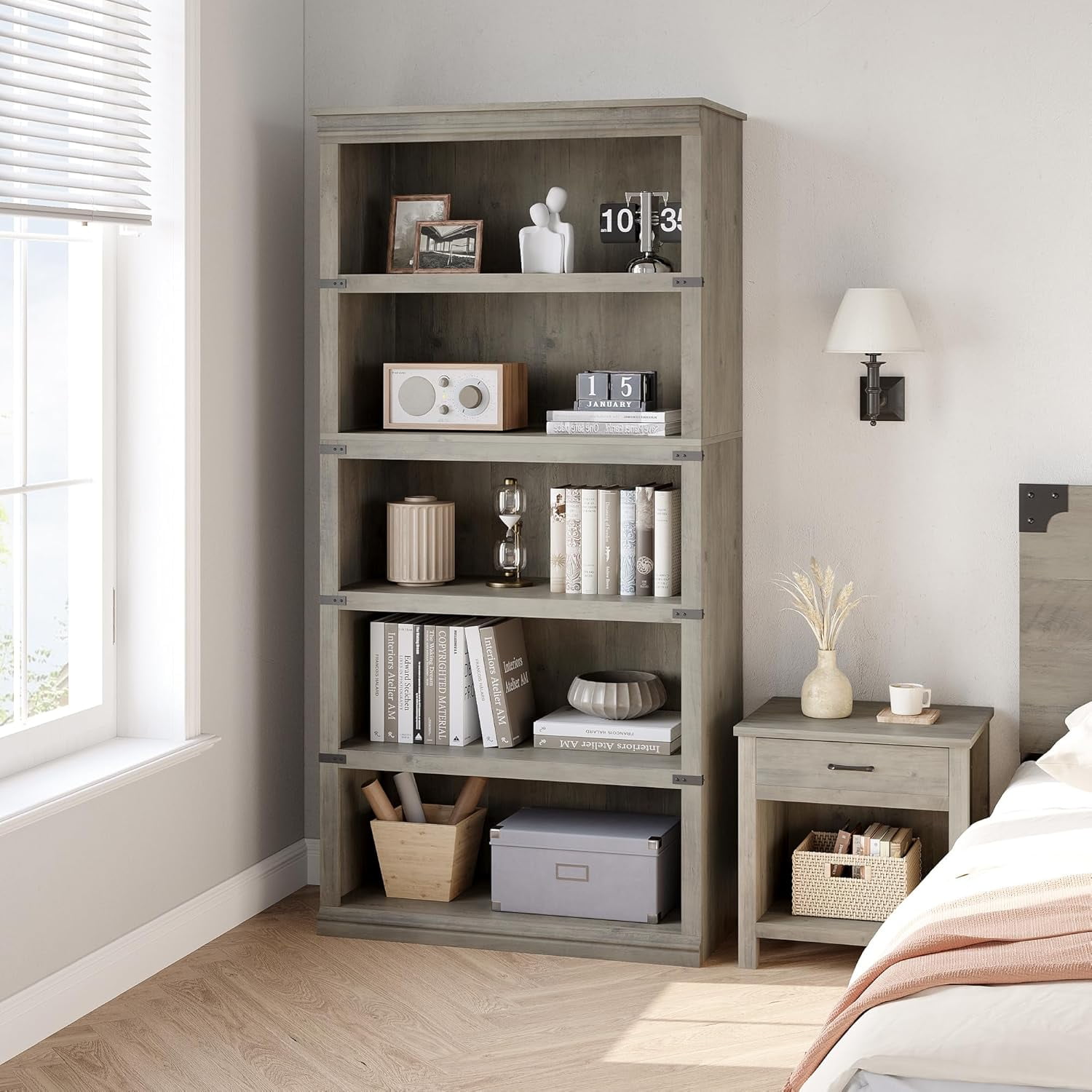 67.4" Tall 5-Tier Farmhouse Bookcase – Wooden Bookshelf with Open Display Shelves and Storage, Freestanding Home Office, Living Room, Bedroom Furniture, Grey
