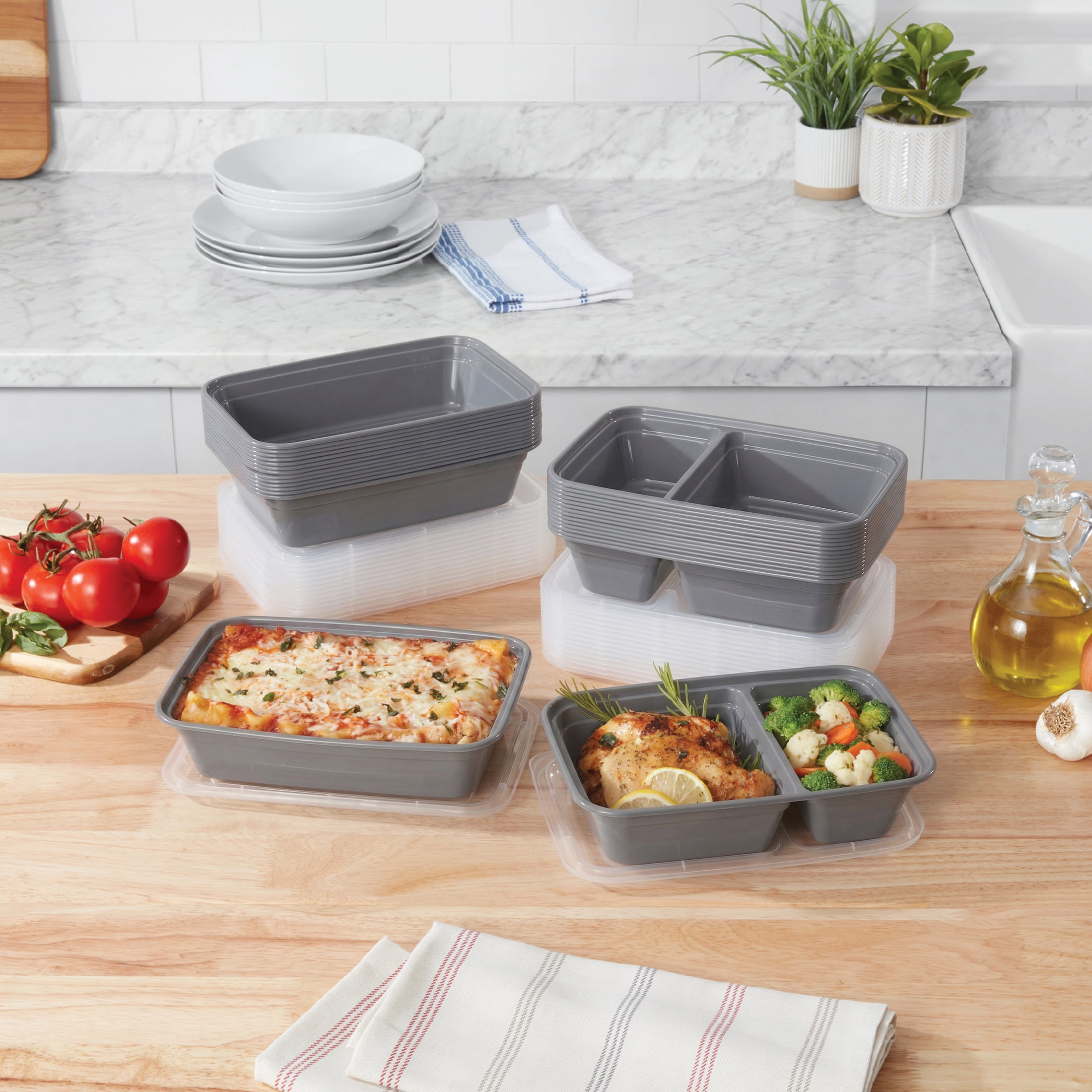 Mainstays 60-Piece BPA-Free Plastic Meal Prep Food Storage Container Set, Soothing Grey
