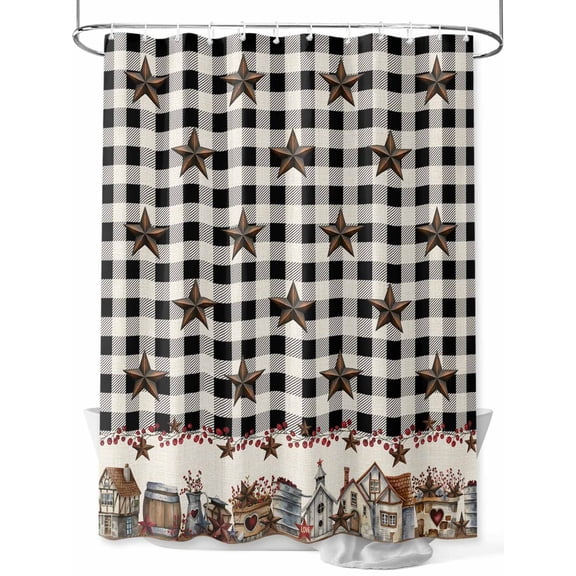 Black White Shower Curtain, Buffalo Plaid Country Star Barn Barrel Farmhouse Waterproof Shower Curtain Set with 12 Hooks Lightweight Washable Fabric Shower Curtains for Bathroom 72x72 Inches