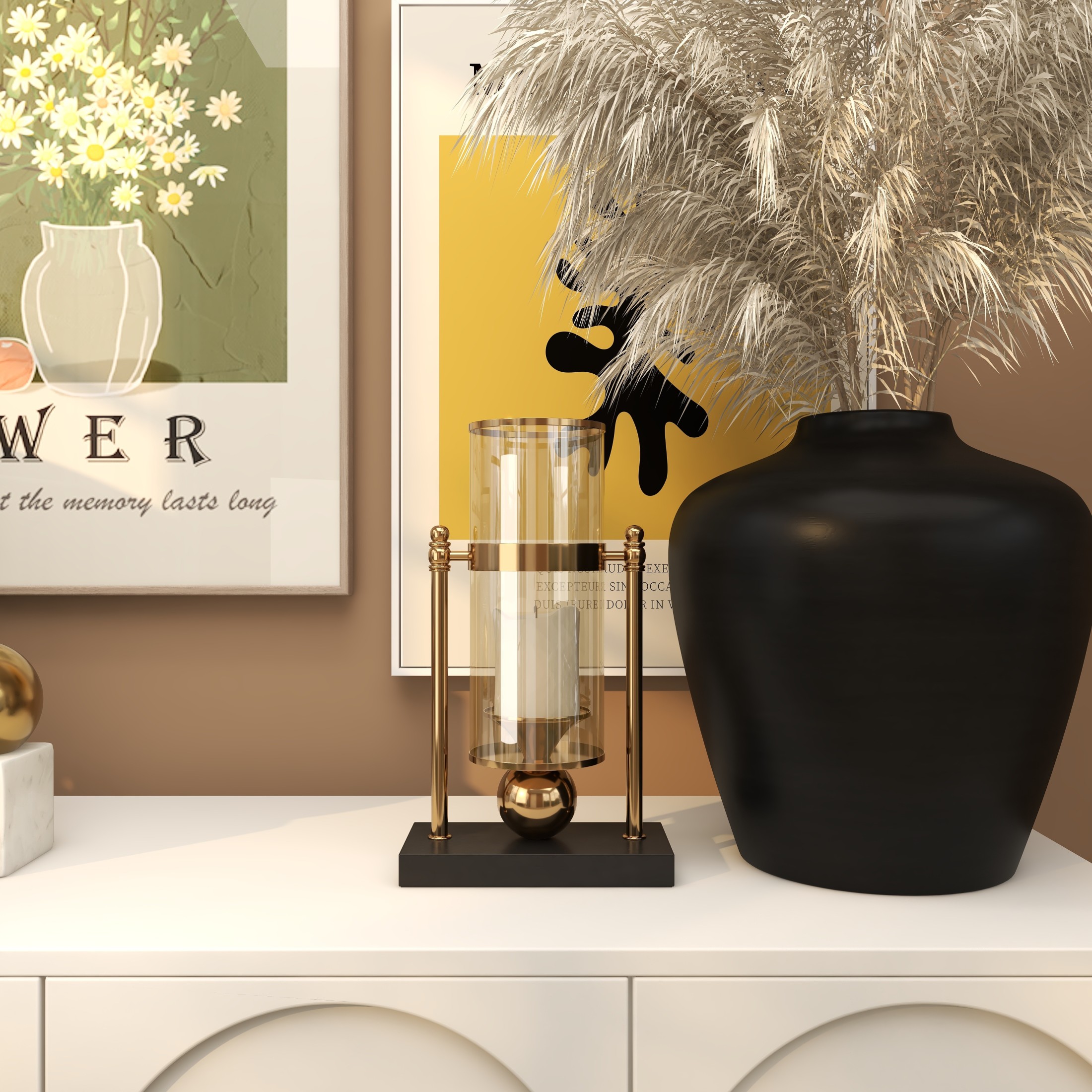 CosmoLiving by Cosmopolitan Gold Metal Iridescent Pillar Hurricane Lamp with Ball Accent and Black Base