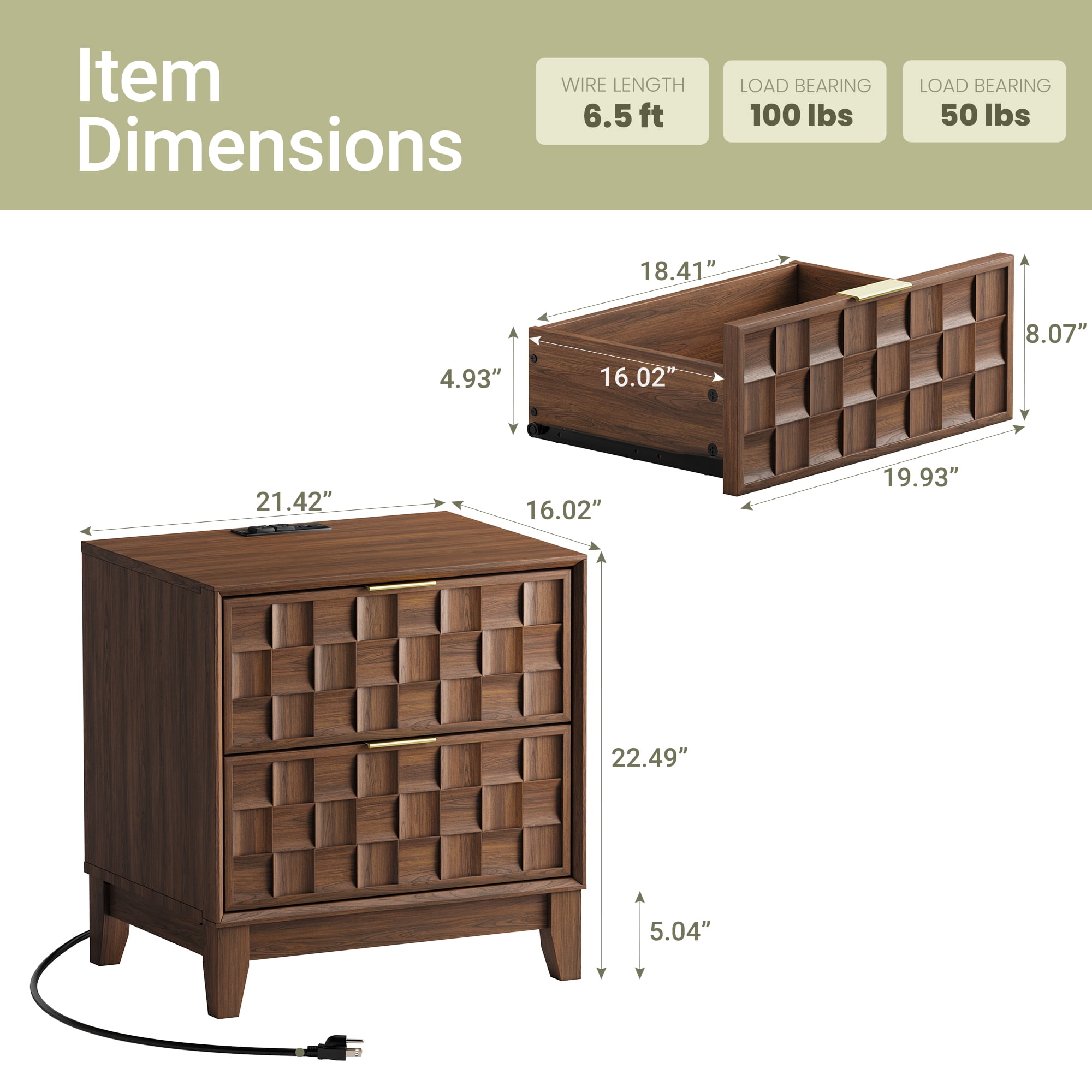 Nightstand with Charging Station, Modern 2 Drawer Bedside Table with Storage, 1 pack,Walnut