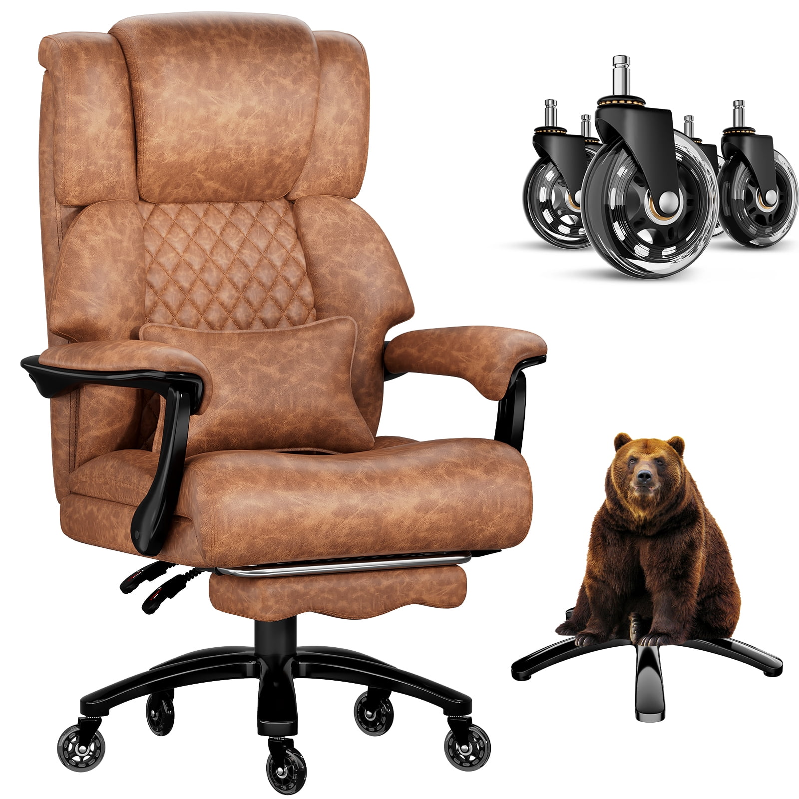 Big and Tall 700LBS Heavy Duty Executive Office Chair with Metal Base, Linkage Armrest, Footrest, Extra Thick Wide Cushion, Silent Rubber Wheels, Light Brown