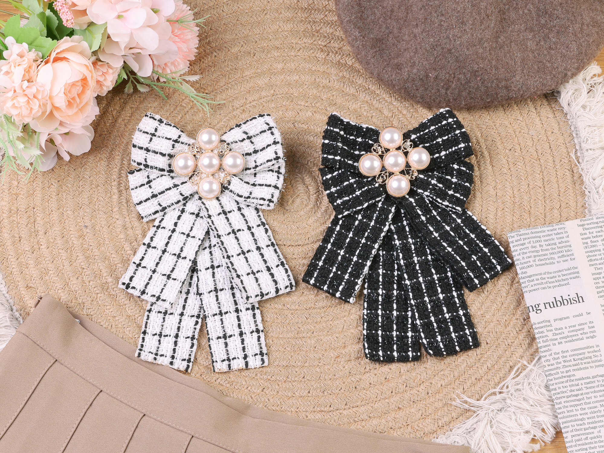 DARING DIVA Women's Ribbon Beads Pre-Tied Plaid Pattern Bow Tie White