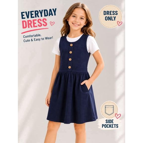 HILEELANG Girls School Uniform Jumper Dress Pockets Stretch Cotton Blend | Cotton Blend, Soft Smooth Feel, Comfortable Stretch, Easy Care, Side Pockets, Elastic Back Waist, Toddler Little & Big Girls