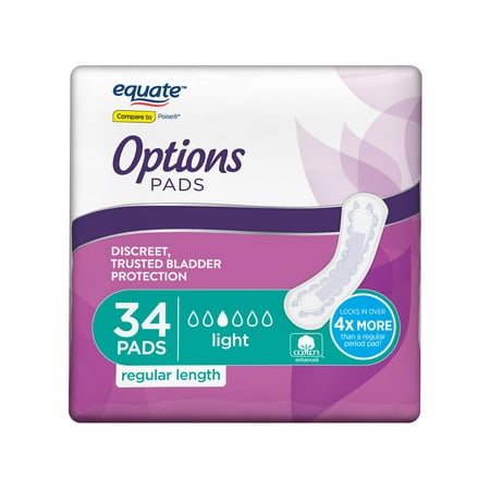 Equate Options Incontinence Pads for Women, Light, Regular, 34 Count ...