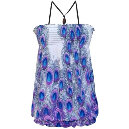 Keyhole Beaded Halter Top - White Peacock Print Halter Top Size Small